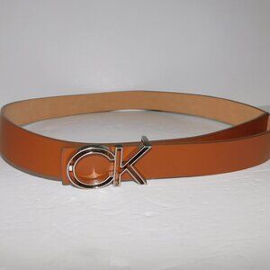 Calvin Klein CK Tan Leather Belt with Monogram Buckle Unisex Large 38 - 40